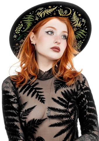 Restyle Clothing Witchy Wide Brim Summer Fashion Hat Herbal Witch Green Witch Wide Brim Hat Women Fashion Accessory Black Wool Gothic Nugoth Goth Wicca Okkulter Stil Fedora, Schwarz, One Size, Schwarz