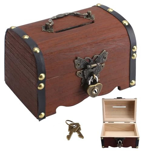 Litinliv Cofre del Tesoro Vintage de Madera,Caja de Monedas Vintage,Caja Madera Pequeña con Cerradura y Llave,Cofre Pirata de Madera,Caja de Tesoro rústica Decorativa,para Almacenamiento Y Decoración