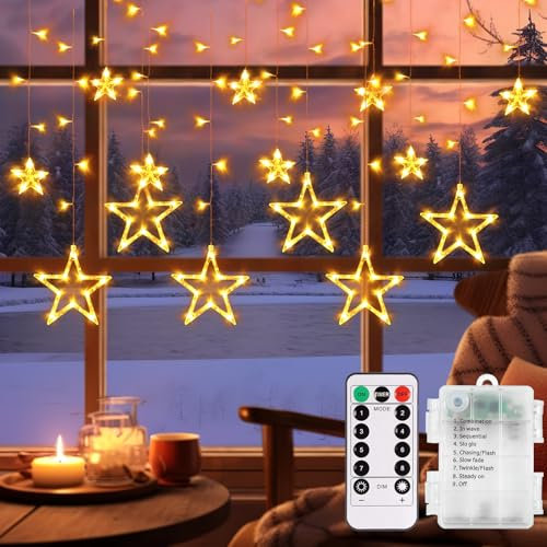 echosari Star Ramadan Lights Battery Powered, 3.5M 12 Stars Curtain Fairy Lights with Remote Timer Window Lights for Christmas New Year Porch Bedroom Wall Ramadan Decor