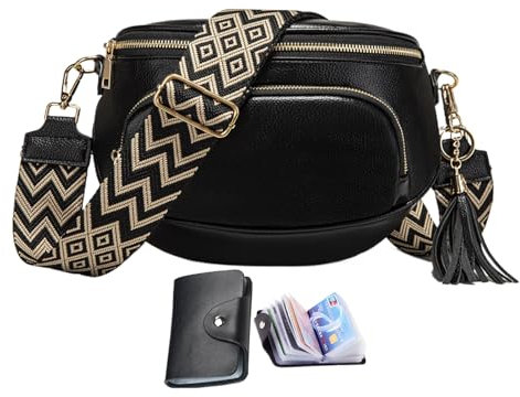 KUNKUN Bauchtasche Damen Umhängetasche Damen Gross Crossbody Bag Veganes Leder Handytasche Zum Umhängen senden RFID-Blockierung Kreditkartenpaket - Schwarz