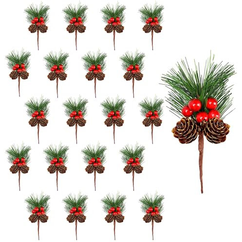 20 Pezzi Rami di Pino Artificiale di Natale, Aghi di Pino Bacche Rosse Natale Decorazioni, Pigne Natale Decorazioni Artigianato Composizione Floreale Ghirlanda Stagione Invernale Holiday Decor