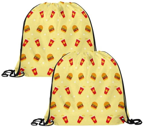 VAPOKF Turnbeutel mit Kordelzug, Turnbeutel aus Polyethylen, personalisierbar, für Schule, Fitnessstudio, Sport, Reisen, Sommerspeisen, Cola-Burger, 2 Stück, multi, 13.4x13.0in/34x33cm