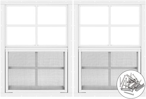 2 Stück Schuppenfenster 45,7 cm B x 58,4 cm H, weißes bündiges Fenster mit gehärtetem Glas und abnehmbarem Bildschirm für Spielhäuser, Schuppen, Garage und Hühnerstall