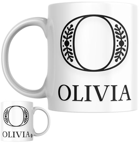Designs of note! Olivia Personalised Initial Name Mug | Letter O Decorative Coffee Cup for Her | Novelty Elegant Gift for Women or Girls Called Olivia