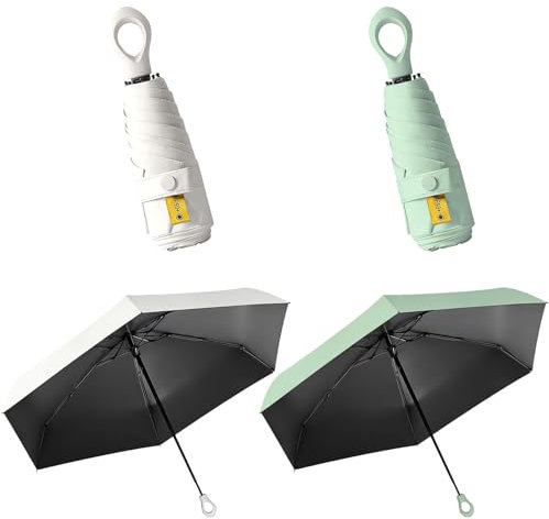 XRPRPX Paraguas para Sol UPF de 50+, 2 Mini Paraguas Plegable de Viaje Verde y Blanco Parasol Plegable Antiviento de 6 Varillas Mini Paraguas de Bolsillo para Trabajo Escuela Actividades Exteriores