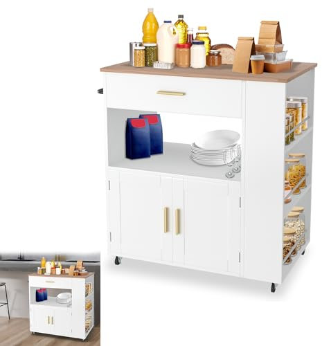 YRHome Küchenwagen auf Rollen Servierwagen Kücheninsel Holz Küchenwagen mit arbeitsplatte, Gewürzregale & Handtuchregal Küchenschrank Küchentrolley Weiß - Typ B mit Gewürzregal 93x75x46cm