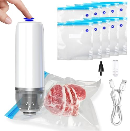 Handheld Vacuum Sealer for Food, Cordless Vacuum Sealer Machine with 10 Sous Vide Bags, Portable Vacuum Sealer Set for Food Storage Kitchen, BPA Free