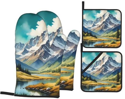 4 guanti da forno e presine con cappuccio innevato, guanti da cucina con presine, guanti antiscivolo ad alta resistenza al calore a 500 gradi per barbecue, grill, cottura, forno, microonde