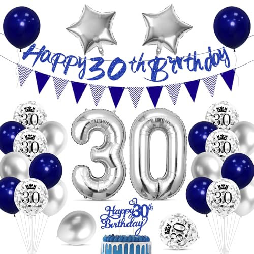 Cadimus 30. Geburtstag Deko,Happy Birthday Ballon Dekoration,30 Geburtstag Blau Silber Luftballons,Happy Birthday Folienballon 30, 30 Jahre Männer Frauen Party Deko