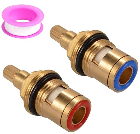 2Pcs Mixer Tap Cartridges Replacement, 1/4 Turn Ceramic Tap Washers with 1*Raw Tape+2 *Screws, Brass Ceramic Stem Disc Cartridge Faucet Valve Replacement for Bathroom Kitchen Tap(1 Pair Hot & Cold)