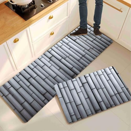Küchenteppich 2 Stück, Bambus Küchenläufer rutschfest 80x120cm+80x240cm, Wasser und öl Aufnehmen Teppich Küche Matten Waschbar rutschfest Teppich Läufer Küche Teppich Groß für Flur, Eingang 14-82