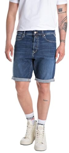 Replay Herren Short RBJ.981 Short - Tapered Fit - Blau Schwarz Beige W29-W40, Größe:W 32, Farbe:573 840-007 Dark Blue