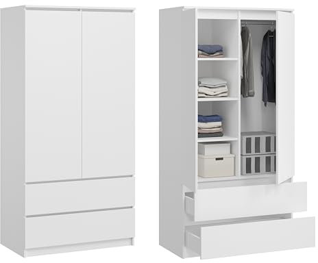 KUBUTKU Kleiderschränk Groß Schrank mit 2 Türen, 2 Schubladen, 4 Einlegeböden und Kleiderständer, Mehrzweckschrank, Garderobenschrank 180x90x50,5cm (Weiß)