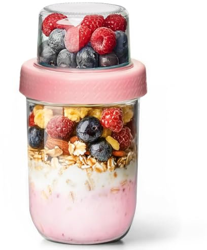 ComSaf 480mL Overnight Oats Jar with Lids, 1 Pack 16oz Yoghurt Pots with Lids for Dry-Wet Separation, Mason Jars for Overnight Oats, Glass Meal Prep Containers for Granola Fruit Nut Cereal Salad Juice