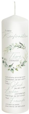 Liamoria® Konfirmationskerze Lorbeerkranz personalisiert mit Namen, Datum und Spruch - Modell Thore - Andenken und Geschenk zur Konfirmation (25 x 8 cm)