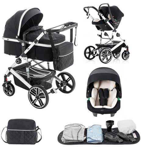 Lnhcrbs Kinderwagen 3 in 1, Kinderwagenrahmen aus Aluminium, Korb-Stoff 600D, Kinderwagen-Set faltbar, inkl. Regenschutz & Moskitonetz, geeignet für 0-48 Monate (22 kg),Schwarz