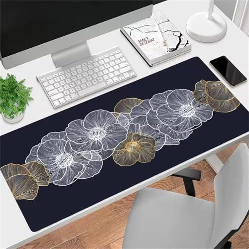 Mauspad XXL Großes Mousepad 600x300x2mm Gaming Mouse Pad verbessert Präzision und Geschwindigkeit mit Vernähten Kanten Groß rutschfeste Tischunterlage - Blume Blatt Gold
