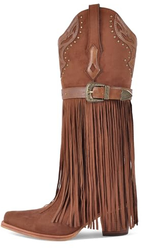 Meinabsatz Damen Nieten und Fransen Stiefel Cowboystiefel Westernstiefel Boots Blockabsatz Snip Toe Braun 35 EU