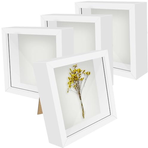 Abaigeal 4 Pack Shadow Box Frame 8x8 Inch, Box Frames for Crafts 3D Deep, Deep Picture Frame 3cm Inner Depth, Deep Box Frames for Photos Flowers Memories,Tabletop and Wall Hanging, White