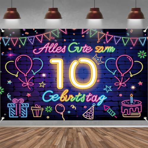 10. Geburtstag Banner für Mädchen Junge Deko Schwarz Neon 10 Geburtstag Hintergrund Banner, Extra Große Stoff Schild Poster für 10. Geburtstagsparty Deko, 210x150 cm