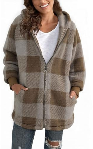 ABINGOO Damen Teddy Fleece Mantel Kariert Warm Winterjacke Kapuzenjacke Flauschig Plüschjacke Reißverschluss Sweatshirt mit Kapuze und Taschen(Kaffee,XXL)