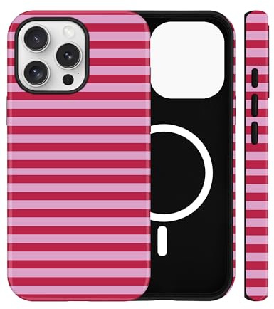 Jusy Magnetische Gestreifte Hülle für iPhone 14 Pro, Rot | Aesthetic Striped Sommer Muster Handyhülle, Kompatibel mit MagSafe, Zweischichtige Stoßdämpfend