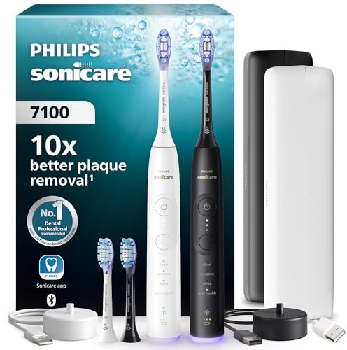 Philips Sonicare 7100 Series Electric Toothbrush - Next-Generation Sonicare Technology, Pressure Sensor, 12 Brushing Settings, 21-Day Runtime, Charging Travel Case, White & Black, 2 Pack, HX7429/04