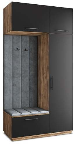 Masseno Flugarderoben Set Rema, Kleiderschrank-Set mit Sitzbank, Garderobenschrank Flur mit 5 Regalböden, Eiche Lefkas/Schwarz