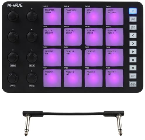 M-VAVE SMC-PAD Controller MIDI, pad MIDI portatili wireless Bluetooth con pad sensibili alla velocità, Beat Maker, cavo audio bianco da 6,35 mm (nero)