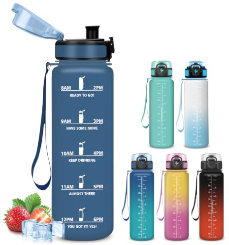 Mujigaga Gourde, Gourde 1l, Bouteille Motivation Anti-Fuite, Facile à Nettoyer, Facile à Transporter, Bouteille d'eau avec Marqueur de Temps, pour Running, Voyage, Extérieur, Sport, École
