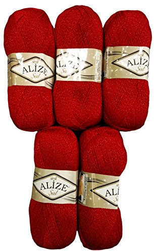 Alize 5 x 100 g Glitzerwolle SAL zum Stricken und Häkeln, 500 Gramm Metallic – Wolle (rot 56)