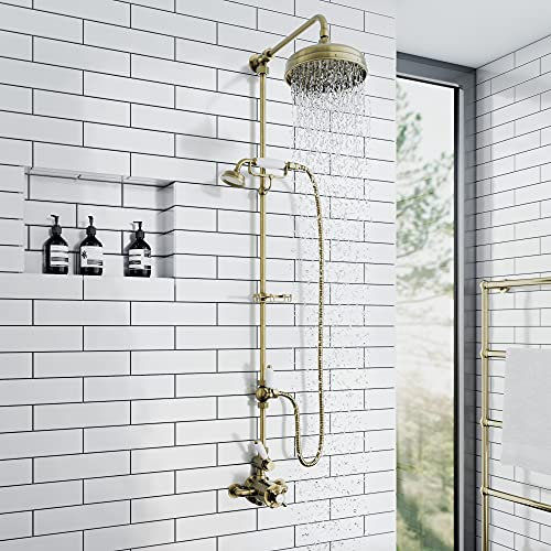 ENKI, Downton, SH0176, Traditional Shower Set with 2 Shower Head Outlets, Telephone Style Cradle & Soap Dish, Twin Thermostatic Shower Valve, Antique Brass Shower Tap