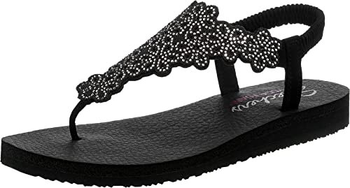 Skechers Damen Meditation FLORAL Lover Flipflop, Black Mitobuck/Silver Rhinestone Trim, 40 EU