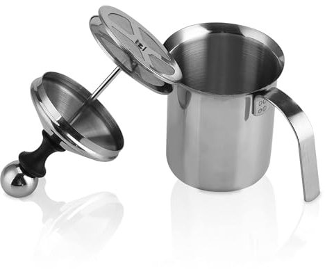 400ml Edelstahl Double Mesh Milchaufschäumer Manuell, Milchaufschäumer Manuell Edelstahl, Double Mesh Milchschaum, Perfekter Milchschaum dank doppeltem Sieb und speziellem Drückmechanismus