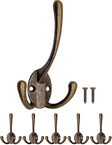FUXXER® - Antique Coat Hooks, Towel Hooks, Clothes Hooks, Hat Hooks, Wall Hooks in Brass Bronze Design, Vintage Country House Retro, Set of 5
