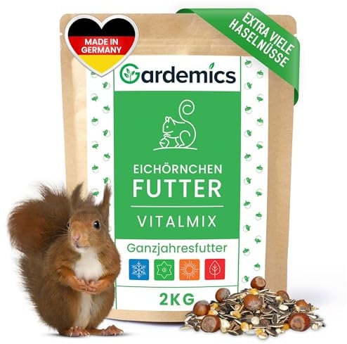 Gardemics Eichhörnchen Futter mit extra vielen Haselnüssen [2kg] I Artgerechtes Eichhörnchenfutter ohne Erdnüsse I Ganzjahresfutter für Eichhörnchen & Streifenhörnchen