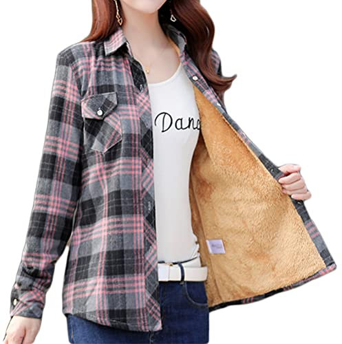 Minetom Kariert Hemd Damen Samt Warm Plaid Herbst Winter Langarm Jacke Gefüttert Plüsch Blusenshirt Hemdbluse Knöpfen Blusen Oberteil Stil N Rosa 42