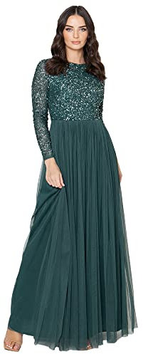 Maya Deluxe Damen Women's for Wedding Guest Plus Size Large Rich High Waist Sequins Long Sleeve Prom Evening Bridesmaid Dress, Emerald, 42 EU