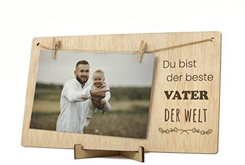 CONTRAXT Geschenke Fotorahmen für Vater Vatertag. Details Ideen für Papa Vati Bilderrahmen mit Klammern und Leine Fotoleine polaroid bilder rahmen fotorahmen holz (Vati DE)