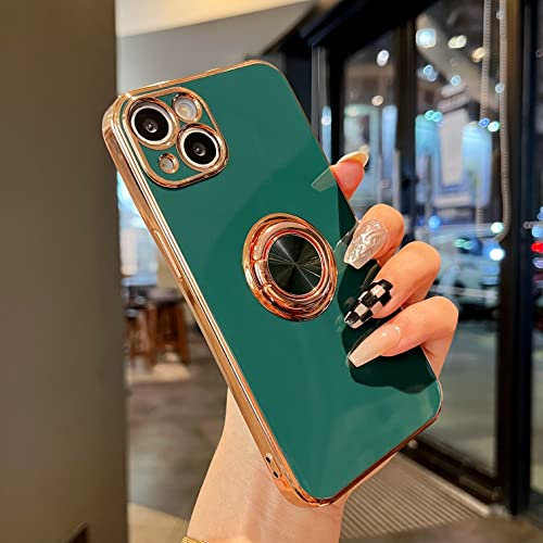 ZTOFERA Handyhülle Kompatibel mit iPhone 13 mit Ring Ständer für Mädchen Frauen, Weiche Flexibel Silikon Schutzhülle mit 360 Grad Ringhalter Goldener Rand Dünn Stoßfest Bumper Cover, Dunkelgrün