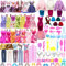 64pcs Puppenkleidungs und Zubehörset, 1 Langes Kleid, 2 Winterkleider, 10 Hosenträgerröcke, 1 Mantel, 2 Oberteile Hosen, 10 Schuhe, 10 Kleiderbügel, 28 Puppenzubehörteile für 11,5 Zoll Puppen