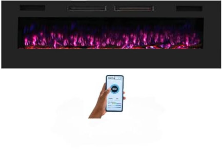 Mystflame Crystal 50 - Chimenea Eléctrica de Pared con Wi-Fi, 127 cm, Ultra Delgada 8 cm, 12 Colores de Llama, Termostato 750/1500W, Estufa con Calefacción Confortable, Pantalla Táctil y Temporizador