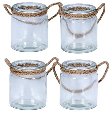 levandeo Lot de 4 photophores en verre transparent - Hauteur 10 cm - Transparent - Décoration de table - Bougeoir décoratif - En lin