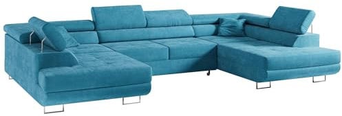 MKS MEBLE Sofa Blau Wohnzimmer - Wohnlandschaft - U-Form Couch mit Schlaffunktion - Schlafsofa mit Bettkasten - Wohnzimmer U Couch - Polstersofa mit Bettkasten - Gustaw U Hellblau Kronos