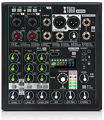 XTUGA AM06 Professionelles Audio Mischpult mit 6 Kanälen mit 100 DSP-Effekten, 3-Band Equalizer, unabhängige 48V Phantomspeisung und Stummschalttaste, Bühne / Abend