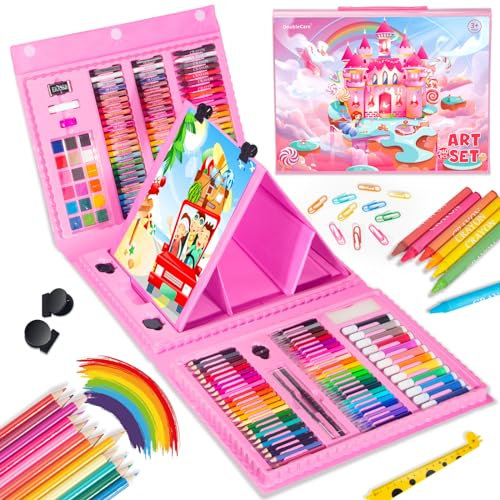 Maletin Pinturas para Niños,240 PCS Caja de Arte de Kits de Dibujo con Caballete Trilateral de Doble Cara,Pinturas para Acuarelas Niños, Regalo para Niñas de 4 a 12 años, Rosa…
