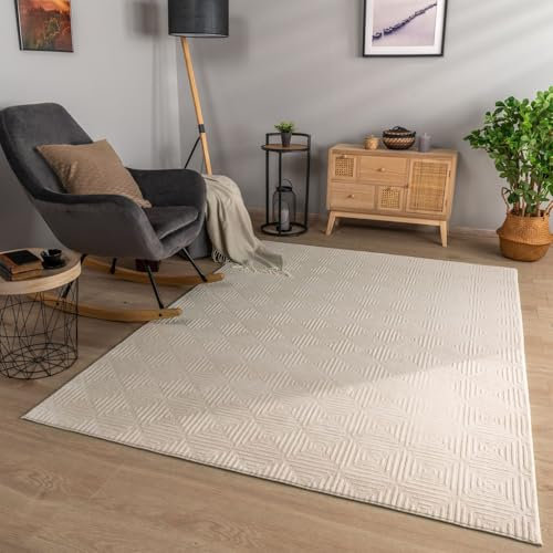 TT Home Wohnzimmer Teppich Esszimmer Kurzflor Geometrische Optik Skandi Boho Unifarben, Farbe:Beige Taupe, Größe:60x100 cm