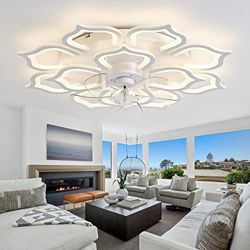 Grand Ventilateur De Salon Floral Avec Lumière, Ventilateur De Plafond Design À 6 Vitesses LED Dimmable, Moteur DC Réversible, Modes Hiver Et Été, Plafonnier Avec Ventilateur Et Minuterie-White||80CM