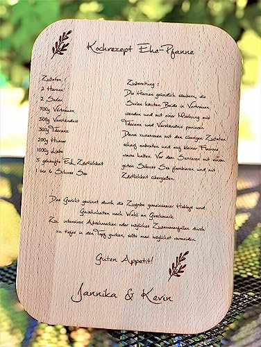 Hochzeit Schneidebrett Holz mit Gravur personalisiert Kochrezept Ehe-Pfanne | Ideal als Hochzeitsgeschenk | Brautpaar Geschenk