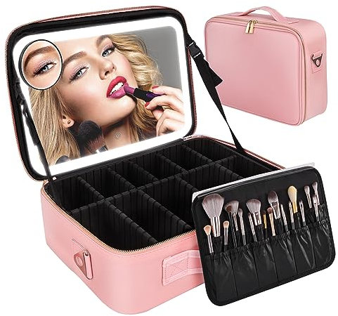 HomdMarket Large Travel Makeup Bag with LED Mirror, Portable Cosmetics Organizer with Adjustable Dividers and 10x Magnifying Mirror, Waterproof Makeup Train Case with LED Mirror-3 Light Colour Mode